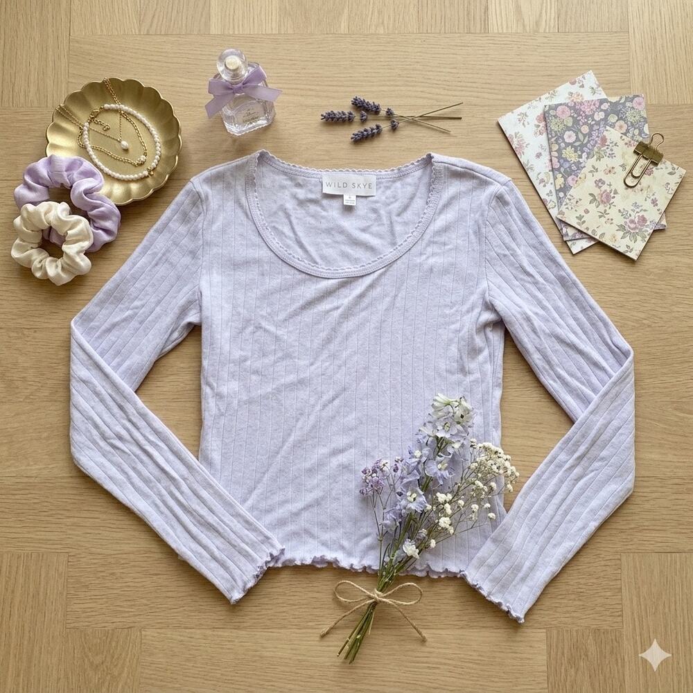 Wild Skye Light Blue/Gray Pointelle Ribbed Long Sleeve Lettuce Edge Top Size S